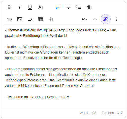 KI erstellt aus Stichpunkten einen ausformulierten Kurstext im Kurs-Manager