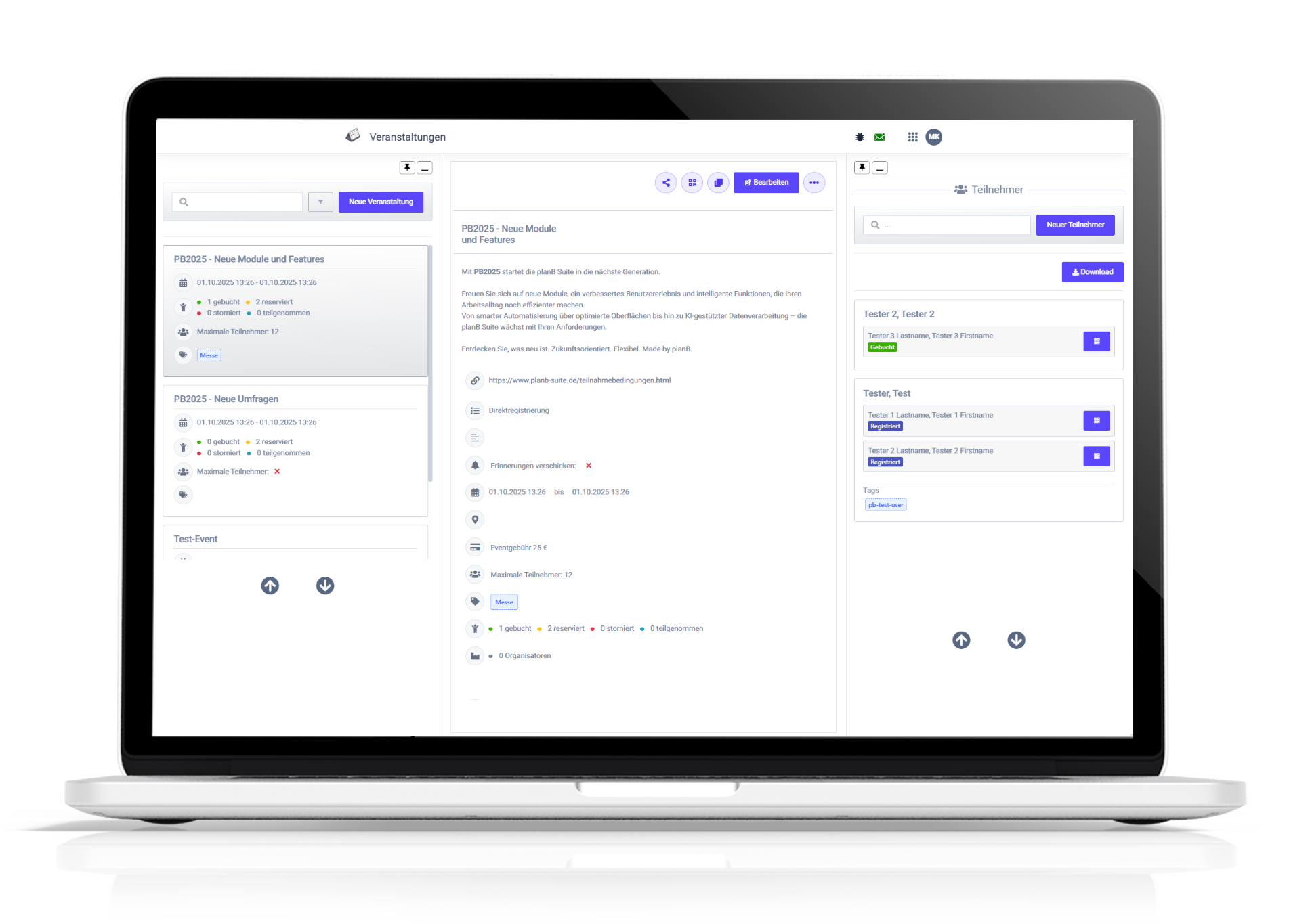 Event Manager 3-Spalten-Ansicht